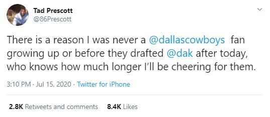 Dak Prescott Brother Tad Prescott Takes To Twitter to Bash Cowboys