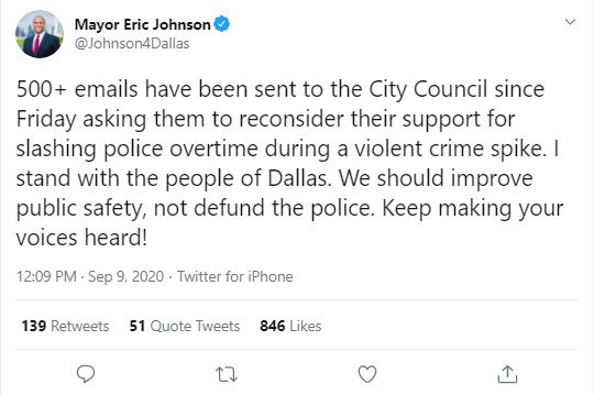 Mayor Eric Johnson tweets about measures defunding DPD